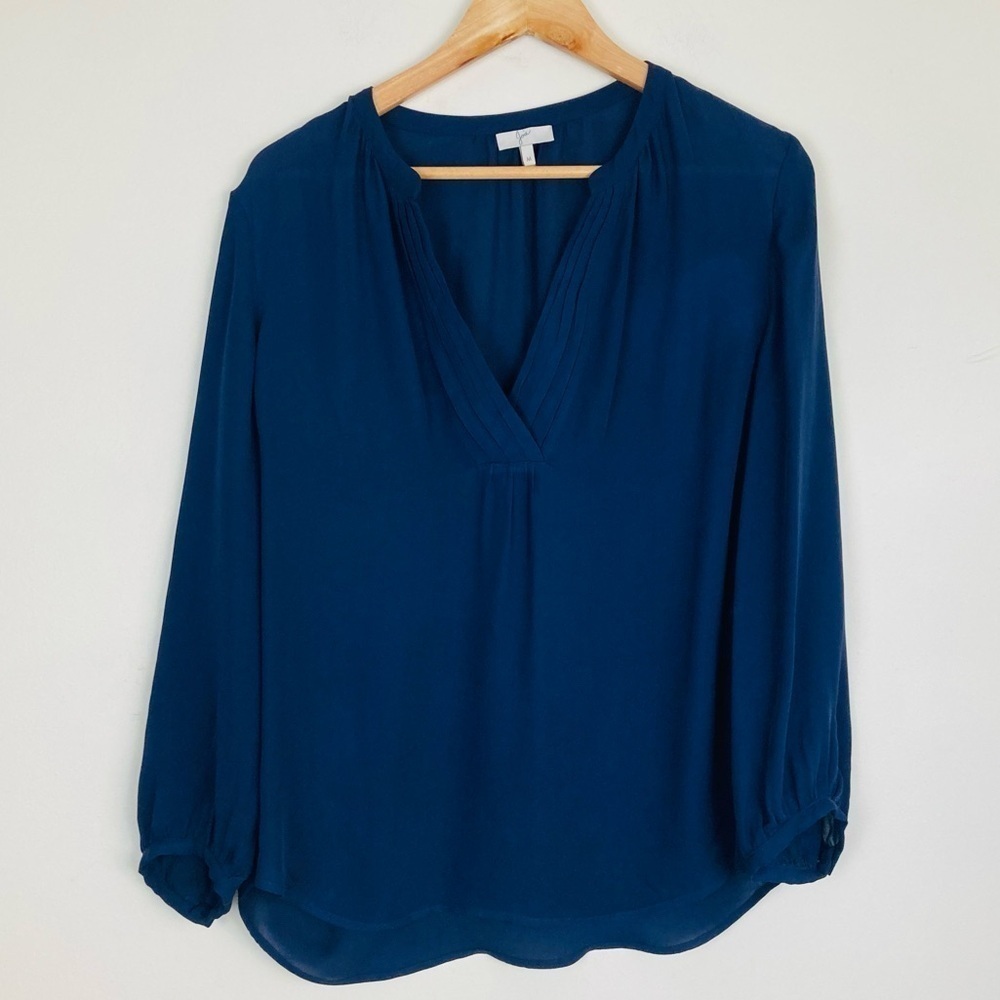 Joie navy blue silk popover long sleeve top with pleating detail. Size Medium - Picture 2 of 5